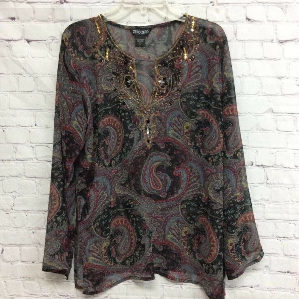 Zero Zero Womens Blouse Black Red Paisley Long Sleeve Keyhole Neck Embellished L